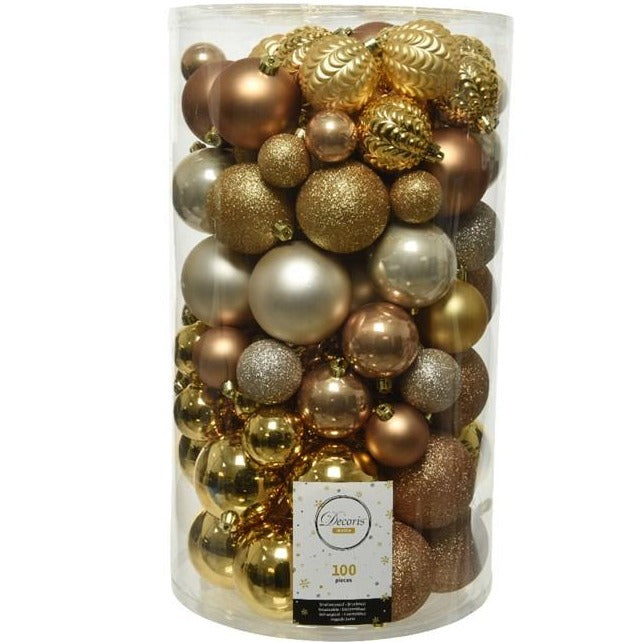 100 Mixed Set of Gold, Camel Brown & Pearl Shatterproof Baubles