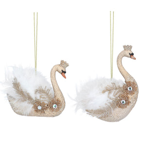 Set of 2 Gold Feather Swan Hanging Decoration