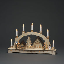 Load image into Gallery viewer, Wooden Candle Bridge with Lit Silhouette Christmas Village Scene
