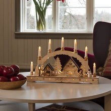 Load image into Gallery viewer, Wooden Candle Bridge with Lit Silhouette Christmas Village Scene
