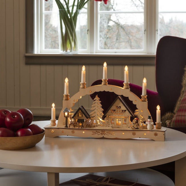 Wooden Candle Bridge with Lit Silhouette Christmas Village Scene