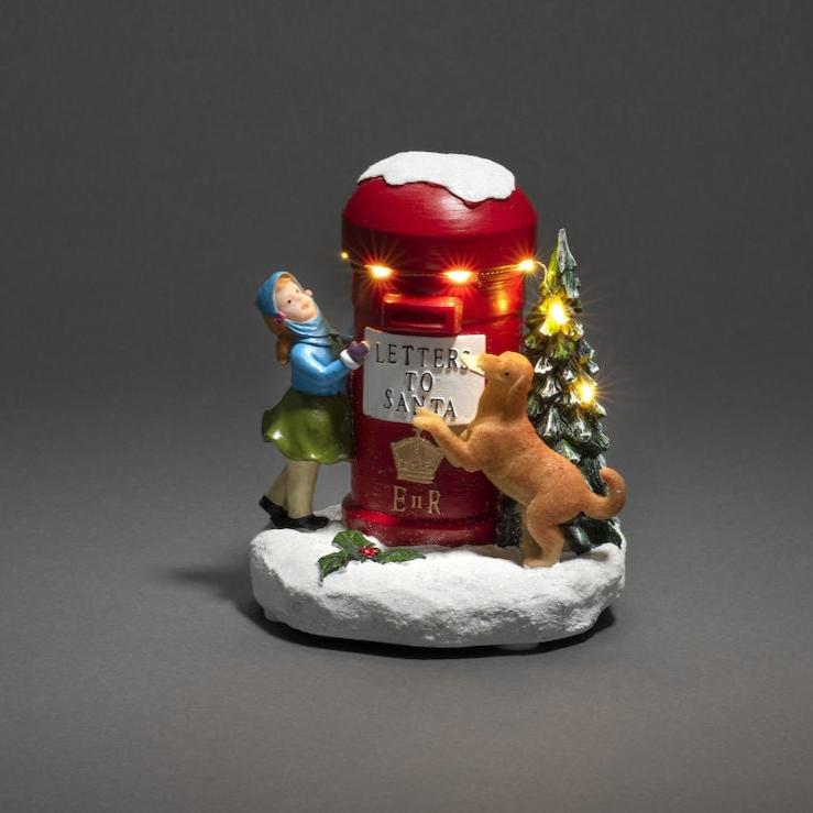 Christmas Post Box with Child and Dog Lit Scene