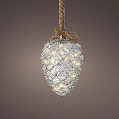 Lumineo Silver Pine Cone Hanging Decoration on Rope 15cm