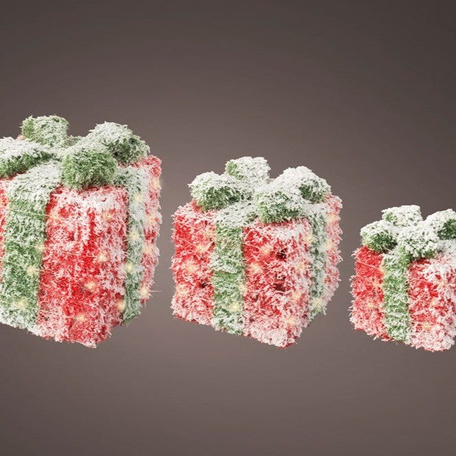 Set of 3 Snowy Red & Green Present Boxes