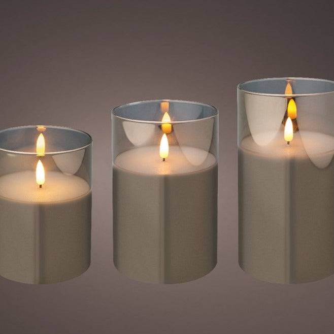 Set of 3 LED Candles in Smokey Grey Glass