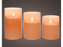 Load image into Gallery viewer, Set of 3 Warm White LED Candles in Amber Glass Cylinder
