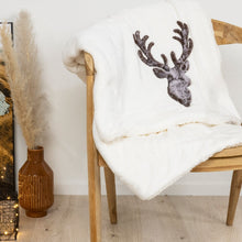 Load image into Gallery viewer, Faux Fur Stag Head Cream Christmas Throw
