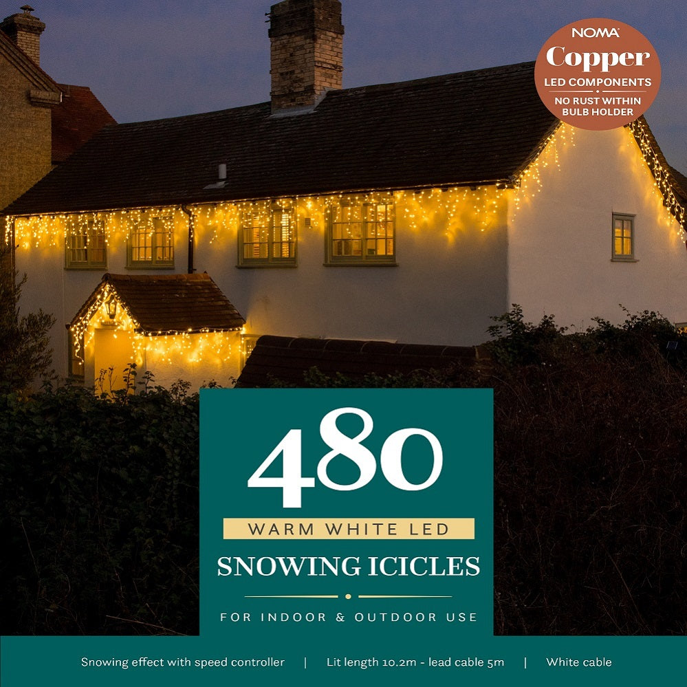 Noma 480 Warm White Snowing Christmas Icicle Lights 10.2m