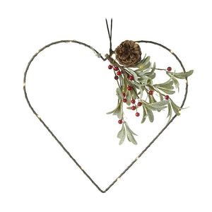 Christmas 37cm Heart with Mistletoe and Red Berries LED Lit