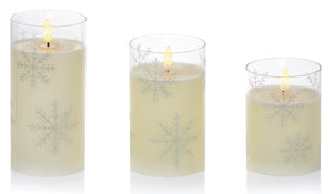 Set of 3 Flickabrights Christmas Snowflake Printed Glass Candles