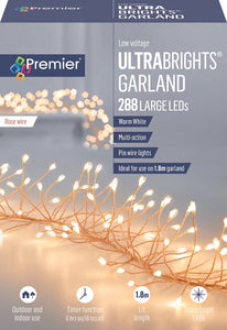 Premier Rose Gold Ultrabright 1.8m Garland Pin Wire with 288 Warm White LED Lights