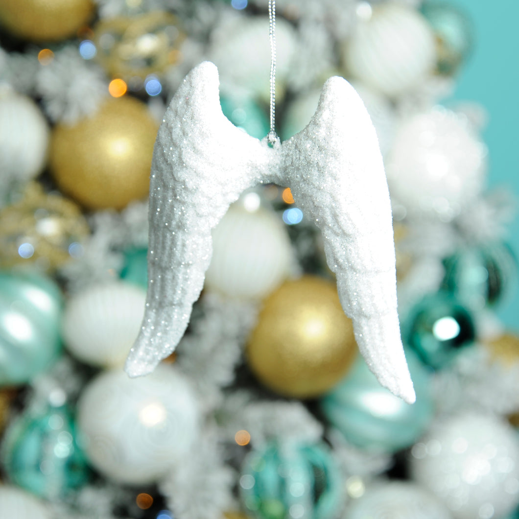 14cm White Glitter Angel Wing Christmas Decoration