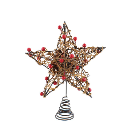 A 24cm wicker star tree topper with metal star and red berries as decoration.