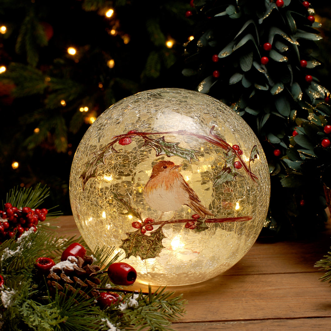 Crackle Effect Lit 20cm Ball with Robin Scene Battery Operated