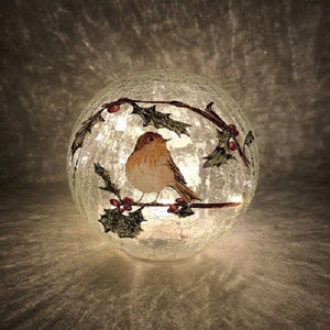 Crackle Effect Lit 20cm Ball with Robin Scene Battery Operated