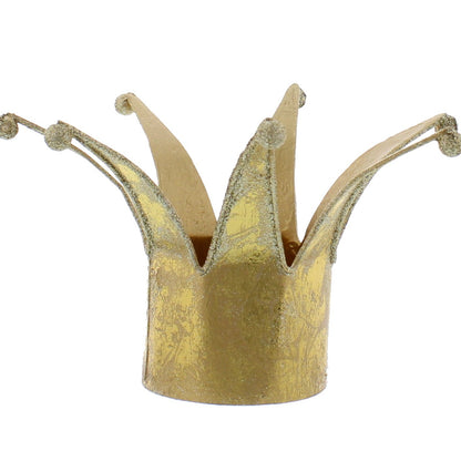 A gold metal Christmas crown with a textured surface and small dangling embellishments on the sides.