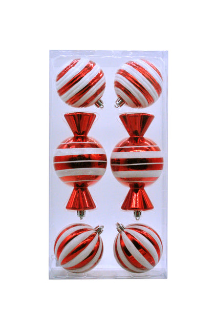 Set of 6 red and white striped Christmas ornaments in different shapes, packaged in a clear plastic box.