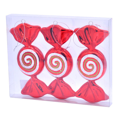 Pack of three red and white striped candy cane shaped baubles with green accents, displayed in a clear plastic box.