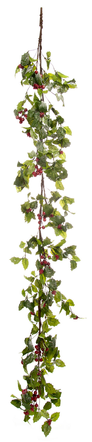 A garland of green holly leaves with berries, likely intended for Christmas decoration.