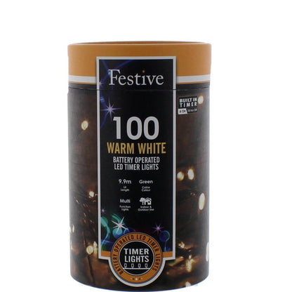 A storage box for Festive 100 Warm White LED Christmas string lights, featuring a label with product details and branding.