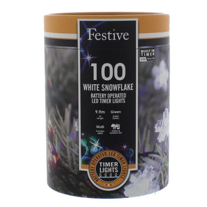 Festive 100 White Snowflake Battery Operated String Lights