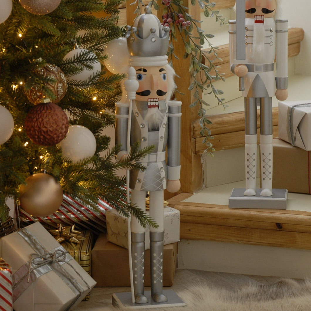 White & Silver Nutcracker 60cm with Crown