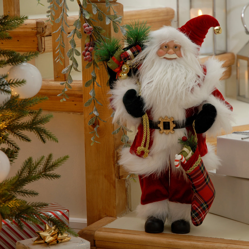 Standing Traditional Santa with Tartan Stocking 45cm