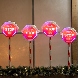 Christmas Set of 4 Santa Stop Here LED Lit Path Stake Lights