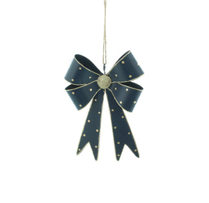 Blue Metal Christmas Bow with Gold Glitter Detail 18cm