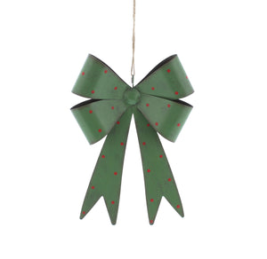 Green Metal Christmas Bow with Red Spots 25cm