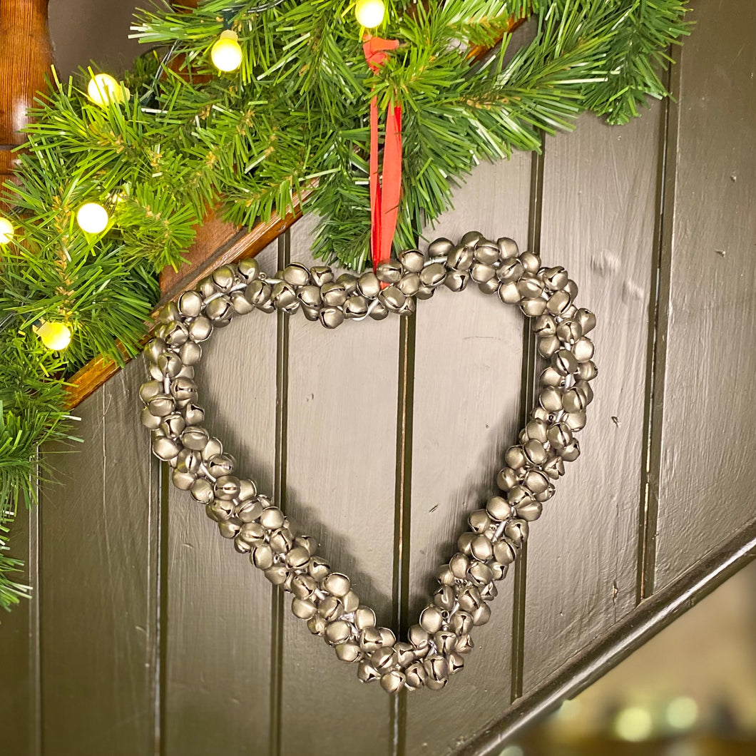 Christmas Bell Heart Wreath with Velvet Ribbon