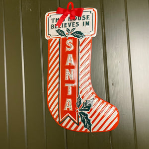 Christmas Vintage Style Red and White Stocking Shape Sign 39cm