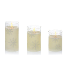 Load image into Gallery viewer, Set of 3 Flickabrights Christmas Snowflake Printed Glass Candles
