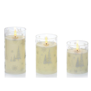 Set of 3 Snowflake & Christmas Tree Printed Glass Candles