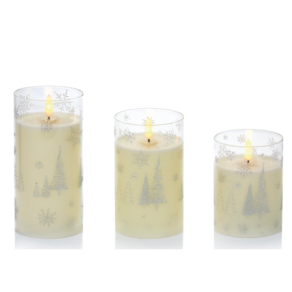 Set of 3 Snowflake & Christmas Tree Printed Glass Candles