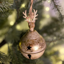 Load image into Gallery viewer, Christmas Gold Sleigh Bell with Stag Head 14cm
