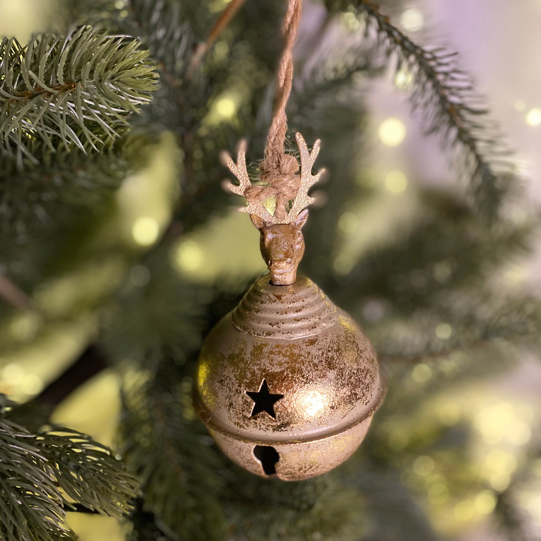 Christmas Gold Sleigh Bell with Stag Head 14cm
