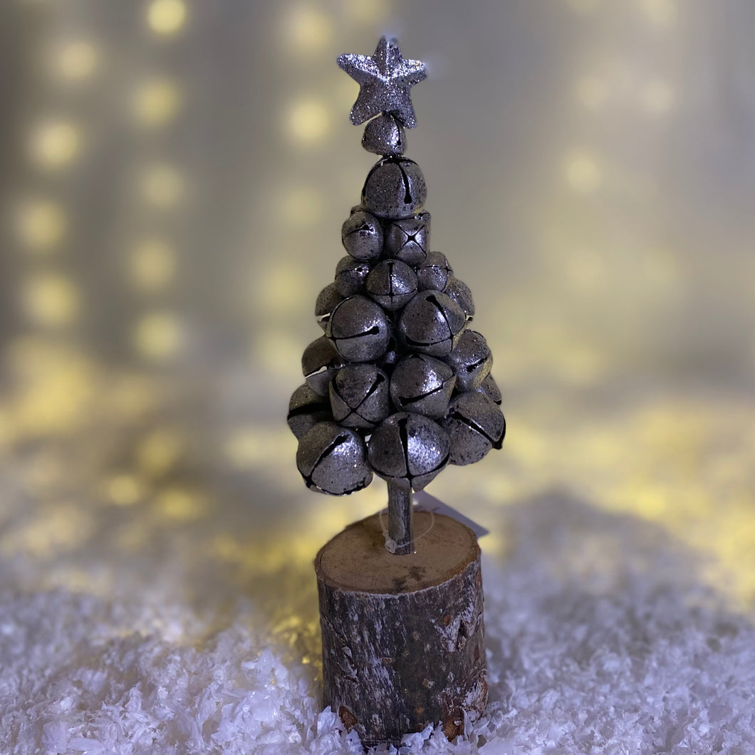 Silver Christmas Bells Tree on Wooden Log