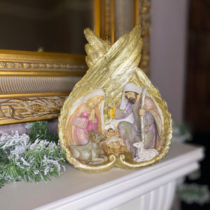 Christmas Nativity Scene in Gold Resin Wings