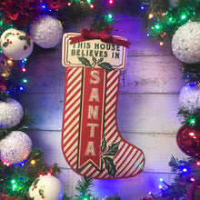 Load image into Gallery viewer, Christmas Vintage Style Red and White Stocking Shape Sign 39cm

