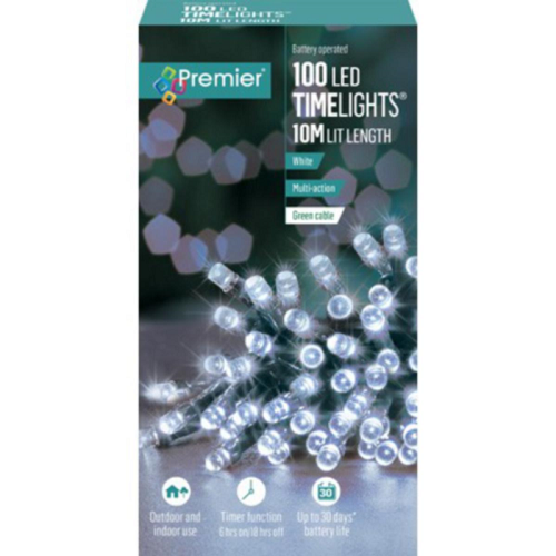 Premier TimeLights 100 White LED Battery Operated Christmas String Lights