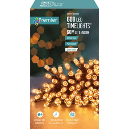 Premier TimeLights 600 Vintage Gold LED Battery Operated Christmas String Lights