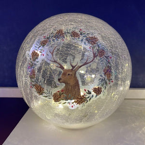 Crackle Effect Lit 15cm Ball with Reindeer Head Print Battery Operated